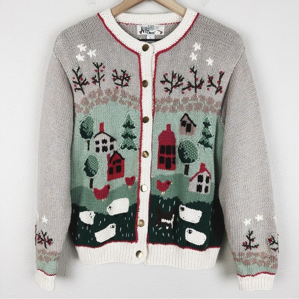 Vintage Orvis Farm Scene Knit Cardigan Sweater Whimsical